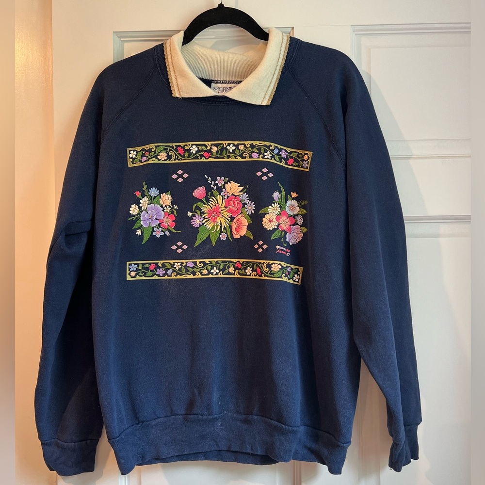 Vintage Morning Sun Jerzees Navy Blue Floral Granny Sweatshirt Size Large
